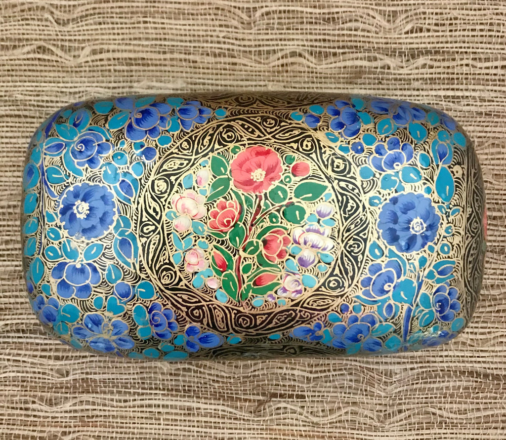 Blue and Gold Floral Paper Mache Jewelry and Trinket Box