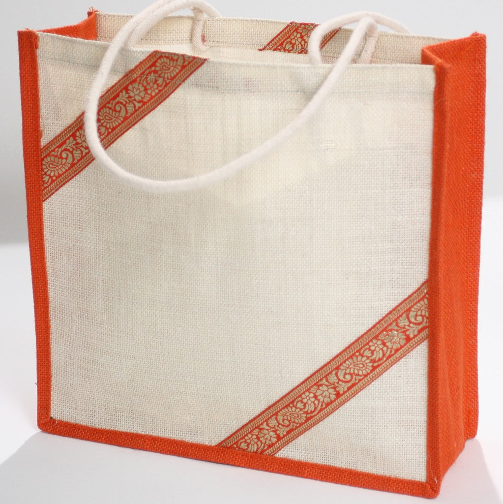 Ecru and Tangerine Jute Tote Bag