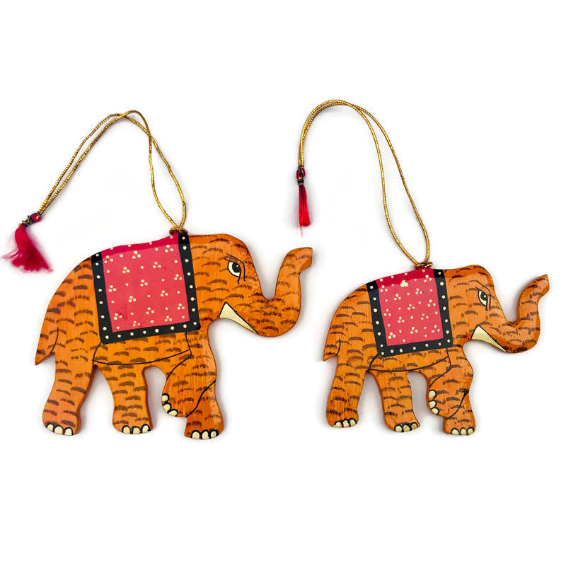 Hand Painted Wooden Elephant Holiday Ornaments