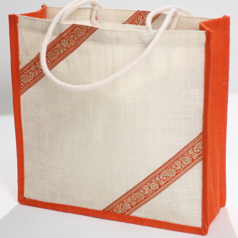 Ecru and Tangerine Jute Tote Bag